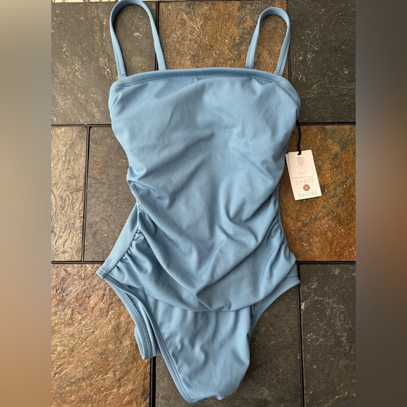 Women's Shirred Ribbed Bandeau Cheeky One Piece Swimsuit - Shade & Shore - Picture 2 of 6